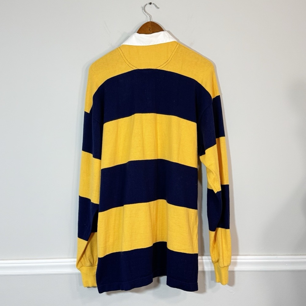 Vtg Dehen Ladycliff College Rugby Polo Shirt Mens LG Colorblock LS Yellow Navy - Picture 4 of 10